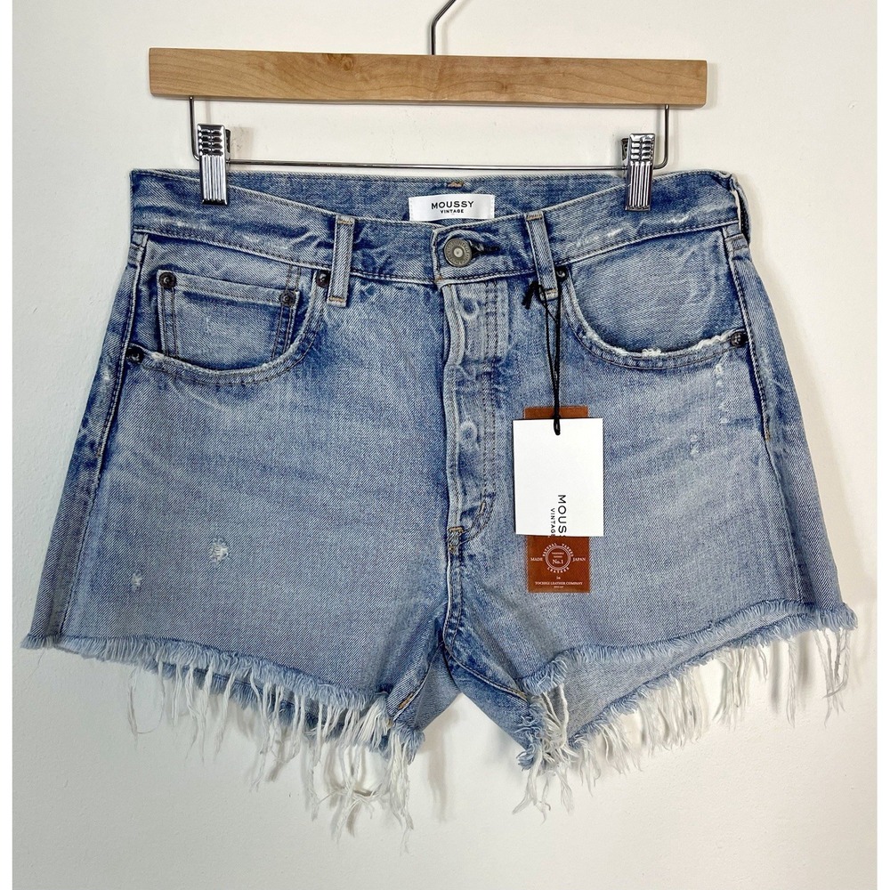 New! MOUSSY VINTAGE Mathews Cut Off Short Light Blue Distressed Raw Hem Denim 28